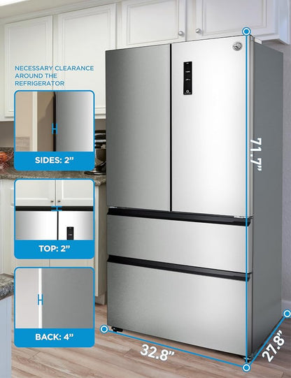 Commercial Cool 18.9 Cu. Ft. French Door Refrigerator, 33 Inch Wide Refrigerator with 2 Bottom Mount Freezer Drawers, Frost Free, LED Lighting, Digital Temperature Control, CCRF1890KS, Stainless Look | 33 Inch Wide Refrigerator with 2 Bottom Mount Free...