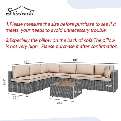 7 Piece Outdoor Patio Furniture Set,Silver PE Rattan Wicker Sectional Sofa, All Weather Conversation Set with Washable Cushions & Glass Coffee Table for Backyard Poolside Garden Porch,Khaki