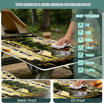 3 Piece Picnic Table Cover with Bench Covers and Bag, Camping Essentials | Outdoor 6ft Table Cover with Elastic Edges, Waterproof Windproof, for Rectangle Tables and Seat for Patio, Forest (30"x72")