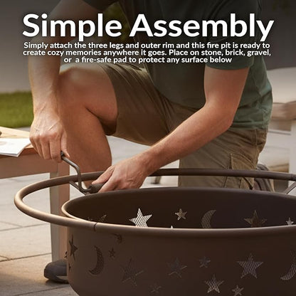 Sunnydaze Cosmic 42-Inch Large Outdoor Fire Pit - Wood-Burning Firepit for Outside Patio, Backyard, Deck - Steel - Wood Grate, Spark Screen, and Fireplace Poker Included - Bronze - 31” Bowl Diameter