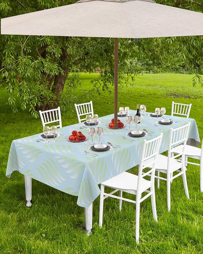 QueenKer Outdoor Tablecloth with Umbrella Hole, Abstract Leaves Lines Geometric Natural Patterns Ombre Green Rectangle Tables Waterproof Tabletop Collection for Patio, Garden, 60 x 84''