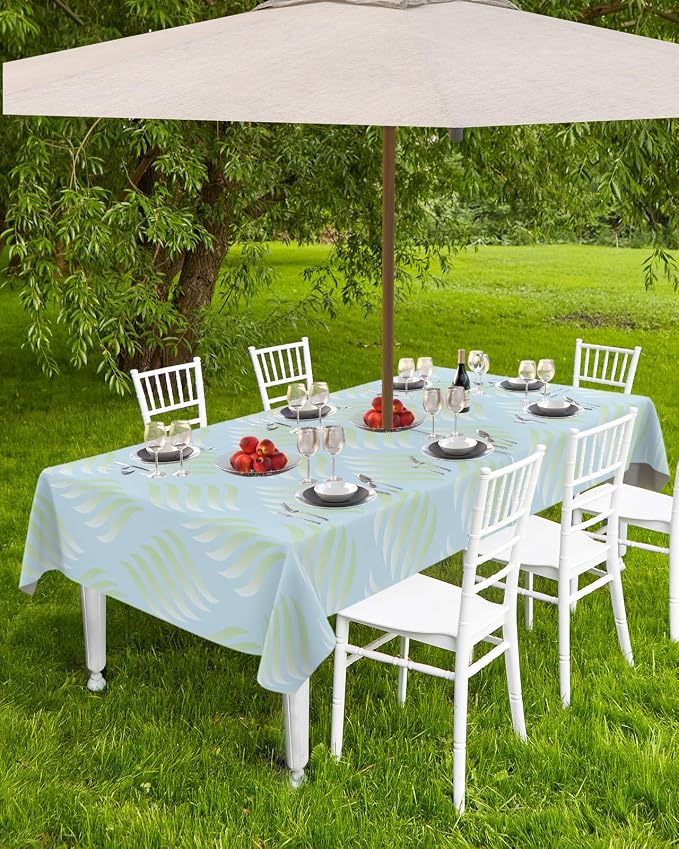 Outdoor Tablecloth with Umbrella Hole, Abstract Leaves Lines Geometric Natural Patterns Ombre Green Rectangle Tables Waterproof Tabletop Collection for Patio, Garden, Picnic, Camping 52 x 70 inch
