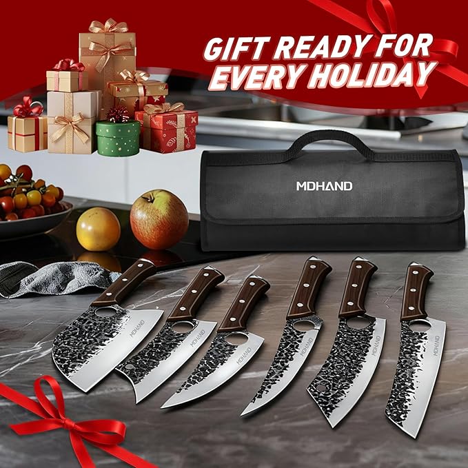 MDHAND Butcher Knife Set, 18PCS Hand Forged Serbian Chef Knife Set with Bag, Full Tang Kitchen Knife Sets with High Carbon Steel, Meat Cleaver Butcher Boning Knife for Brisket Trimming, Gift for Men