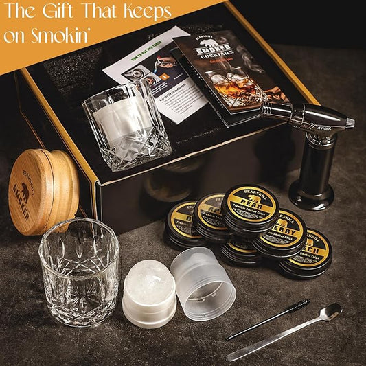 Whiskey Smoker Kit with Torch - 6 Natural Wood Chips Flavors, 2 Glasses, 2 Ice Molds - Cocktail Smoker Infuser Kit, Old Fashioned Smoker Kit, Birthday Bourbon Whiskey Gifts for Men, Dad(No Butane)