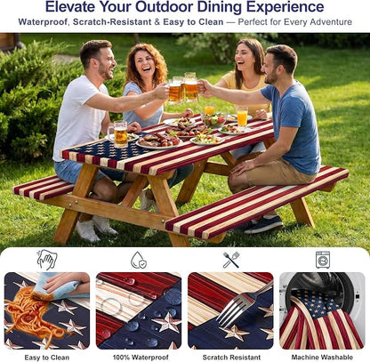 Picnic Table Cover with Bench Covers Windproof Waterproof Picnic Table Covers Camping Tablecloth with Self-Storage Bag, 72in, Vintage Wood Flag