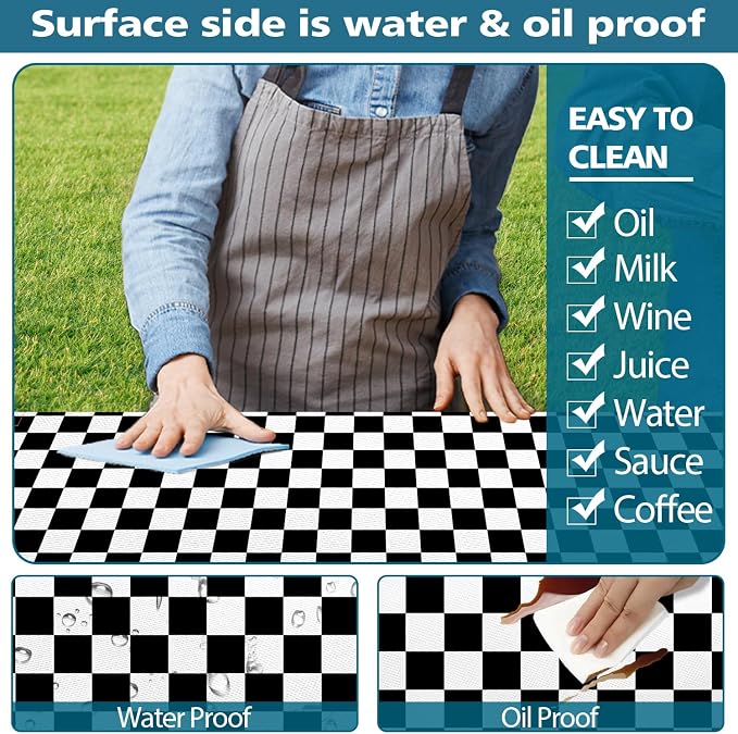 Picnic Table Cover with Bench Covers and Bag, Black and White Checkered Buffalo Plaid Camping Tablecloth Waterproof Windproof Elastic Edges Fitted Gingham Tablecloth for Outdoor Garden 3PCS 30x96 Inch