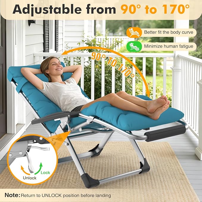 Slendor Oversized Zero Gravity Chairs XL, 29in Recliner Chair, Light Blue | Reclining Lounge Chair, Folding Anti Gravity Chairs w/Aluminum Alloy Lock, Removable Cushion&Headrest, 440lbs, for Lawn Patio