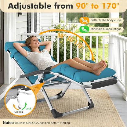 Slendor Oversized Zero Gravity Chairs XL, 29in Recliner Chair, Light Blue | Reclining Lounge Chair, Folding Anti Gravity Chairs w/Aluminum Alloy Lock, Removable Cushion&Headrest, 440lbs, for Lawn Patio