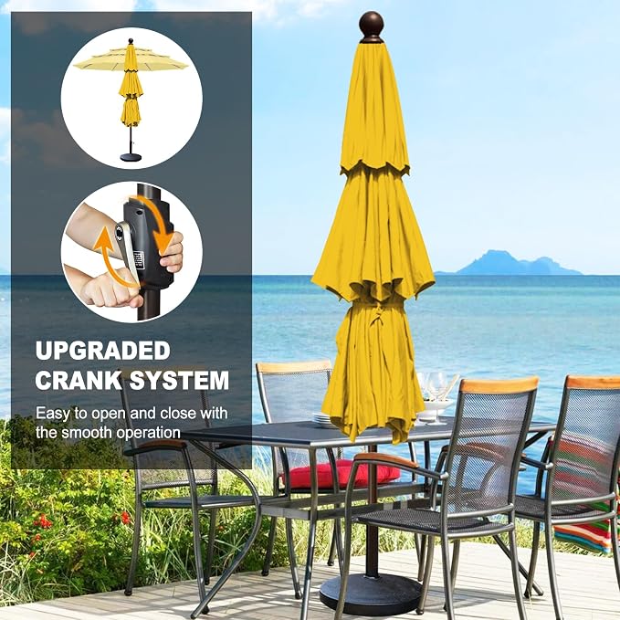 Eurmax USA 10-Year-Non-Fading 10FT 3-Tier Outdoor Patio Market Umbrella,UPF50+ UV Resistant,Heavy Duty Commercial Grade,Crank Lift Design,Windproof Vented Top for Garden,Pool,Deck,Sunflower Yellow