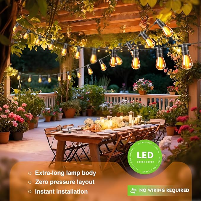 Outdoor Solar String Lights 36FT 15, Shatterproof & Waterproof LED Patio Lights with Remote, Dimmable & Timer Functions, 2700K Warm White Commercial Grade Decorative Hanging Lights