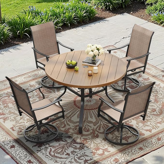Round Outdoor Dining Table 41" with 1.57" Umbrella Hole | with Umbrella Hole, Wood-like Table Top, Water-resistant, Easy to Clean, Patio table for Backyard, Poolside