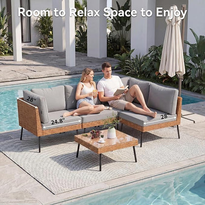 Aoxun 5-Piece Patio Furniture Set, Wicker Outdoor Furniture with Water Resistant Thick Cushions, Patio Conversation Set Outdoor Sectional Sofa with Coffee Table for Backyard Poolside, Light Grey