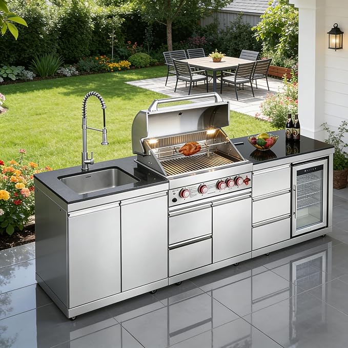 102" Outdoor Kitchen Island with Grill, 4-Burner 59,500 BTU Propane BBQ Island, Refrigerator, Sink with Trash Can Holder & 3-Drawer Cabinet, for Backyard and Patio Cooking, Silver