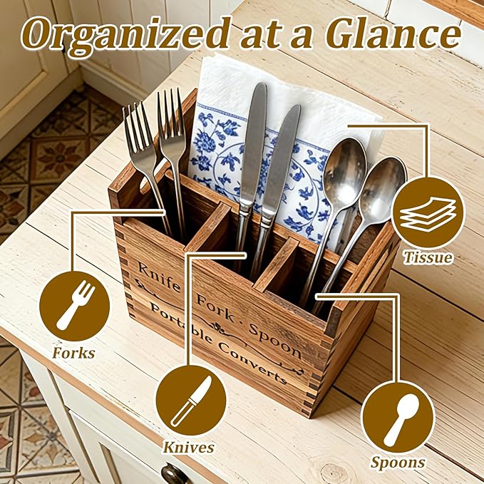 Portable Acacia Wood Kitchen Utensil Holder with Handle, Warm Aesthetic 4-Compartment Flatware Organizer, Utensil Holder Counter for Parties Picnics RV Dining
