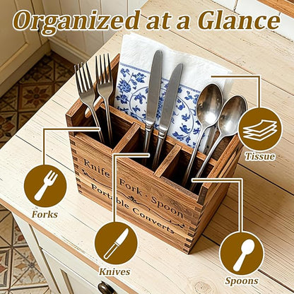 Portable Acacia Wood Kitchen Utensil Holder with Handle, Warm Aesthetic 4-Compartment Flatware Organizer, Utensil Holder Counter for Parties Picnics RV Dining