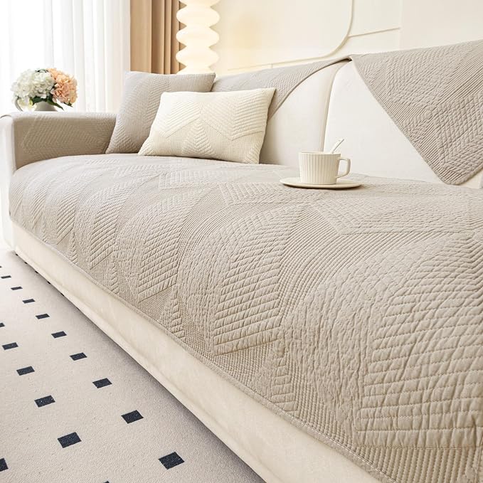 vctops Cotton Quilted Couch Covers for Sectional Sofa (Khaki,28"x82") | Geometric Washable Non Slip Sofa Slipcover for Dogs, Children, Pets Furniture Protector Cover