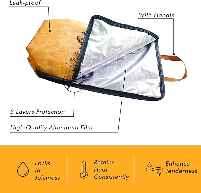 New England Stories BBQ Blanket for Resting Meat, 5-Layer Insulated Meat Resting Bag for Moisture Retention and Perfect BBQ, Wide Mouth with Handle Design for Large Brisket/Pork Shoulders/Turkeys