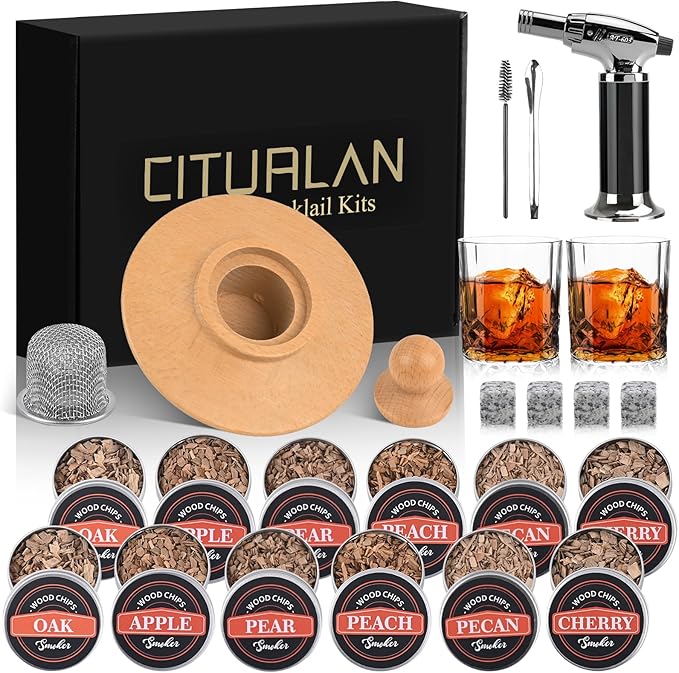 23Pcs Whiskey Smoker Kit with Torch & 6 Wood Chip Flavors,2 Whiskey Glasses, Bourbon,Cocktail Smoker Infuser Kit, Old Fashioned Drink Smoker Kit, Whiskey Valentine's Day Gift for Men, Husband, Him