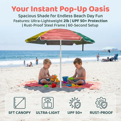 LOTTAFUN 5ft Beach Umbrella Diameter 0.99-1.2 Inch Pole Resistant UV 50+ Portable Sun Shade with Sand Anchor & Carry Bag, Outdoor Folding Umbrella for Beach,Pool,Patio,Garden (3 Color Block) NO Tilt The sand needs to be over 5 inches above the bottom