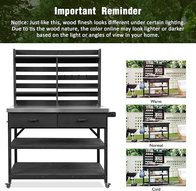65 Inch Outdoor Potting Bench with Stainless Steel Top, Black | Black fir wood, stainless steel top, garden or patio, upper hutch, 2 drawers, towel rack, lockable wheels, 52 in L