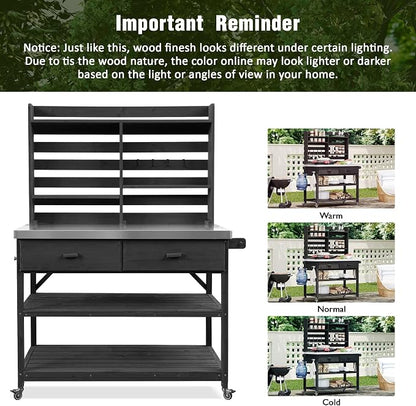 65 Inch Outdoor Potting Bench with Stainless Steel Top, Black | Black fir wood, stainless steel top, garden or patio, upper hutch, 2 drawers, towel rack, lockable wheels, 52 in L