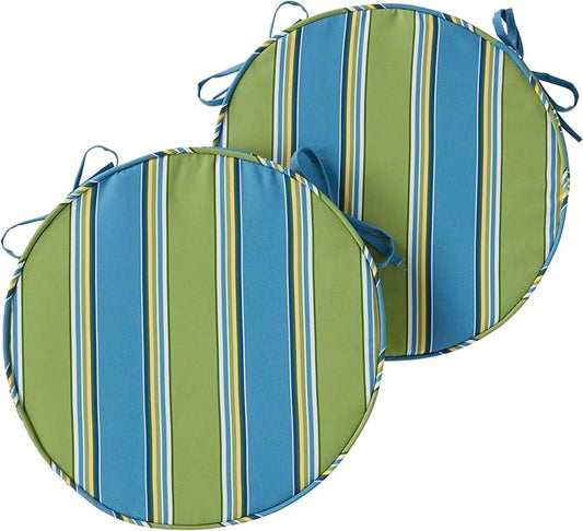 Set of 2 Outdoor 18 inch Round Patio Dining Chair Pads – Comfortable Fiber-Filled Seat Cushions with Ties, Reversible Polyester Fabric - Cayman Stripe