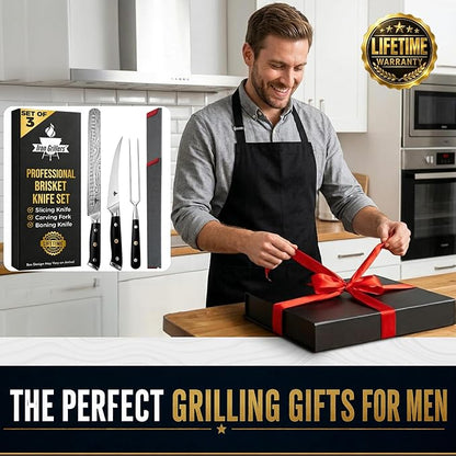 Brisket Knife Set for Meat Carving - 12" Slicing Knife + 6" Curved Boning Knife & Carving Fork for Effortless Meat Cutting, Full Tang & Ergonomic - Razor Sharp German Steel, BBQ Grilling Gifts for Men
