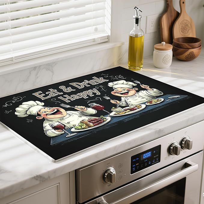 Heat-Resistant Glass Stove Top Cover with Anti-Slip Rubber Coating – Electric Stove Protector, Scratch-Resistant, Counter Space Decor Mat (Chef, 28.5"L x 20.5"W)