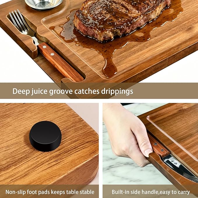 Acacia Wooden Steak Board - Reversible Charcuterie Boards Cutting Board Set with Fork, Knife and 2 SUS304 Ramekins,15.7” Wood Serving Board for Home BBQ,Gift for Women Men(1 Set)