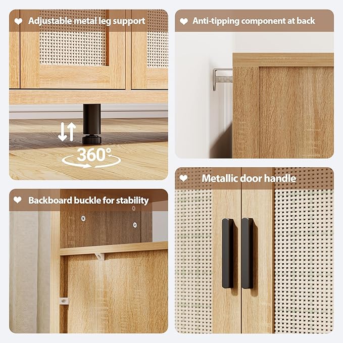 Rattan Buffet Cabinet with Storage, Sideboard with Doors, Console Table, Farmhouse Coffee Bar, Modern Wood Storage Cabinets(Natural 2.0)