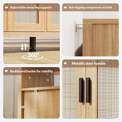 Rattan Buffet Cabinet with Storage, Sideboard with Doors, Console Table, Farmhouse Coffee Bar, Modern Wood Storage Cabinets(Natural 2.0)