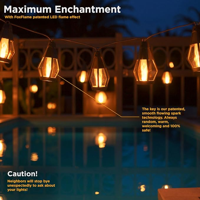 FoxFlame Solar String Lights Outdoor Waterproof, Patented Fire Effect 21 Ft | 10 Flickering LED Bulbs, Solar-Powered Solar Hanging Lights Outdoor for Patios, Porches, Fences and Gardens