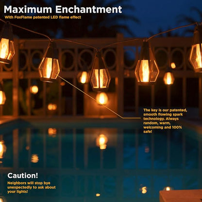 FoxFlame Solar String Lights Outdoor Waterproof, Patented Fire Effect 21 Ft | 10 Flickering LED Bulbs, Solar-Powered Solar Hanging Lights Outdoor for Patios, Porches, Fences and Gardens