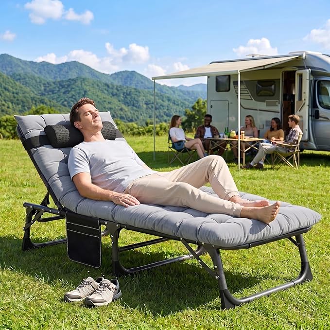 ABORON 3-in-1 Folding Patio Lounge Chair, 440LB Heavy-Duty Tri-Fold Guest Bed with Plush Cotton Cushion, No Assembly Adjustable Recliner for Office Nap, Patio Sunbathing, Poolside & Camping