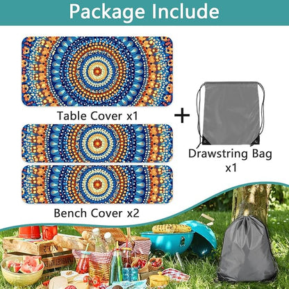 Picnic Table Cover with Bench Covers and Bag, Camping Essentials, Waterproof Windproof Camping Tablecloth, Fitted Tablecloth Cover with Elastic Edge for Indoor Outdoor 3 PCS 30x60 Inch