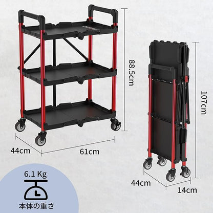 WORKPRO 3-Tier Collapsible Utility Cart, 210 LBS Cart with Wheels | No Assembly Required, Foldable Service Cart with Spacious Shelves for Garage, Warehouse, Office & Home Use, Black/Red