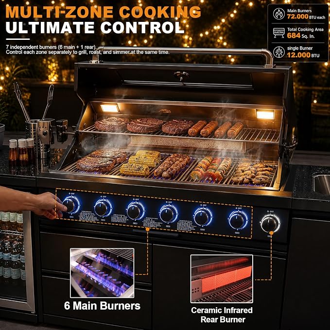 81.9" 6-Burner Modular Outdoor Kitchen Island, 85,000 BTU Propane Gas Grill | 6 Burners, Rear Infrared, Marble Countertop, Fridge, 360° Pull-Out Faucet, 304 Sink, Dual-Layer Warming Rack, Storage Cabinet