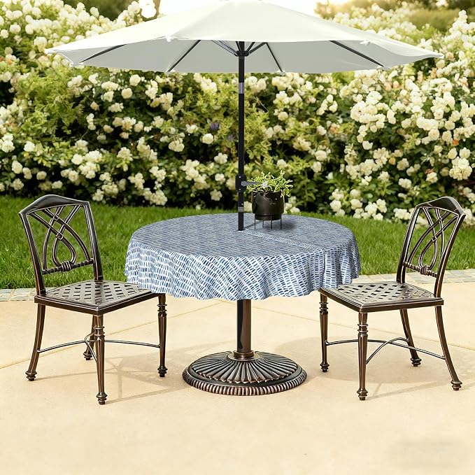 LVTXIII Outdoor Tablecloth with Umbrella Hole and Zipper, 60 Inch Water-Repellent Patio Table Cloth, Round Table Covers for Backyard Garden, Pebble Blue