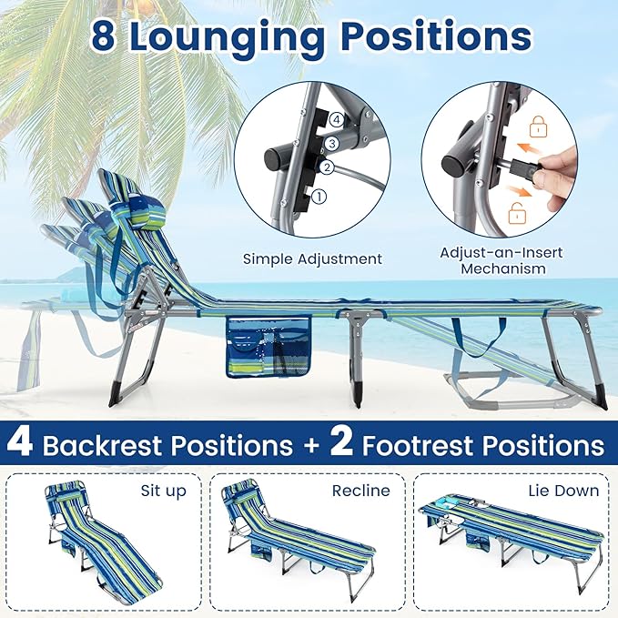 COSTWAY Tanning Chair with Face Hole, Folding Beach Lounge Chair with 4-Position Adjustable Backrest, Pillow & Side Pocket, Foldable Chaise Lounge Chair Outdoor for Sunbathing, Camping (1, Blue+Green)