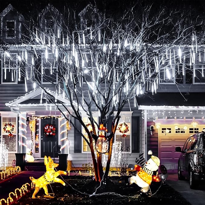 JMEXSUSS Solar Lights Outdoor, 8 Tube 144 LEDs Solar Meteor Shower Lights Outdoor, White Christmas Light for Tree Wedding Xmas Holiday Party Patio Gazebo Decor