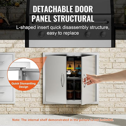 VEVOR BBQ Access Door, 26W x 24H Inch Double Outdoor Kitchen Door, Stainless Steel Flush Mount Door, Wall Vertical Door with Handles, for BBQ Island, Grilling Station, Outside Cabinet, Silver
