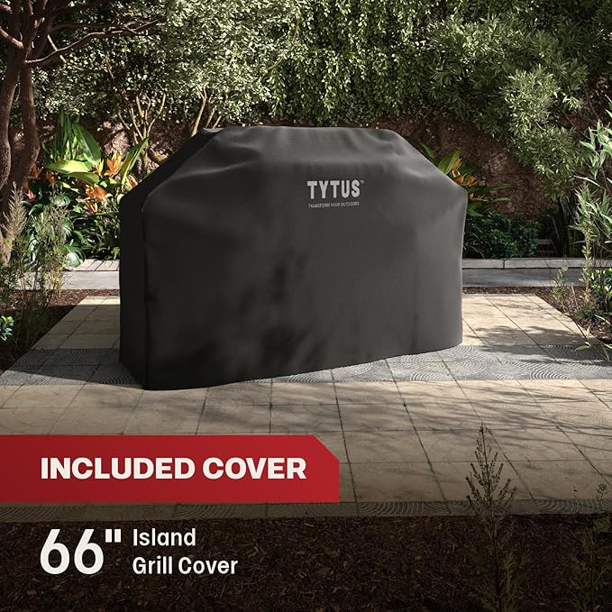 Tytus Fresno 5-Burner Propane or Natural Gas Island Grill – 864 sq. in. Cooking, 48,000 BTU Main + 12,000 BTU Side Burner, Porcelain Grates, Storage Cabinets, Semi-Portable -SS/Shadow Stone Deluxe Kit