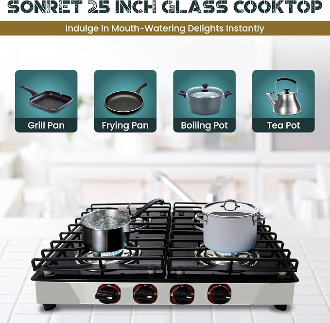 4 Burner Gas Stove Top, 25" Black Tempered Glass Countertop Stove | Stainless Steel 4 Burner Cooktop Burners RV Stove for Cooking Range Gas with Hose & Regulator to Connect Propane Cooktop