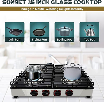 4 Burner Gas Stove Top, 25" Black Tempered Glass Countertop Stove | Stainless Steel 4 Burner Cooktop Burners RV Stove for Cooking Range Gas with Hose & Regulator to Connect Propane Cooktop
