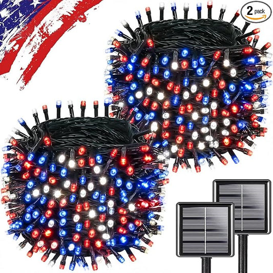 Upgrade 2Pack 500LED Solar String Lights Outdoor Waterproof, Solar Lights Outdoor String with 8 Modes, IP65 Waterproof Twinkle Christmas Light for Outside, Garden Tree Decoration, Red White Blue