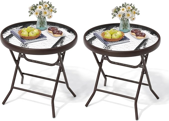 Foldable Side Table with Tempered Glass Top, 2 Pack Brown | 18" Small Patio Side Tables Outdoor for Porch Yard Balcony Deck Lawn Garden