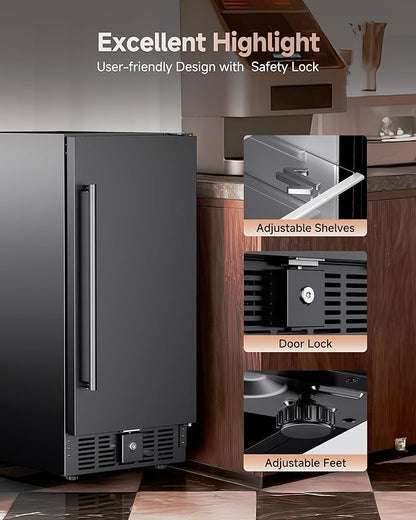 15 Inch Under Counter Beverage Refrigerator, 128 Cans Outdoor Fridge with Adjustable Glass Shelves, ≤45dB Quiet Small Beverage Refrigerator for Outdoor Kitchen & Patio (Black)