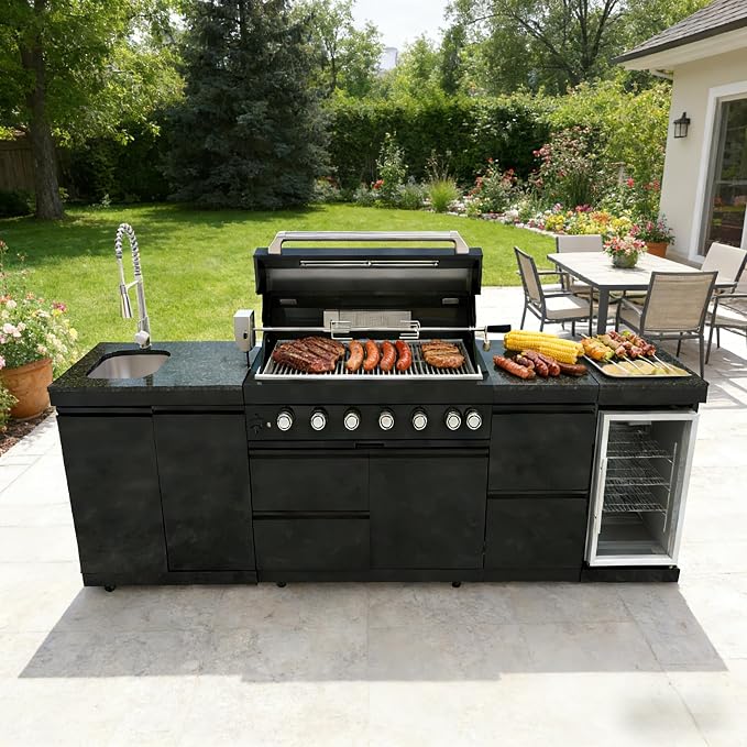 115-Inch Outdoor Kitchen Island with 6 Burner, Gas Outdoor Kitchen Bar Island BBQ Grill with 85000 BTU, Stainless steel Sink, Refrigerator, Rotisserie Kit, Granite Countertops, Bar, Black