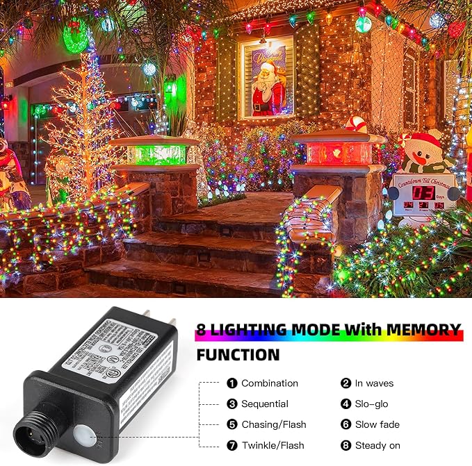 262FT 800 LED Christmas String Lights, Christmas Lights | Plug 8 Modes Memory Function with Timer, UL Certified Outdoor Indoor Fairy Light Christmas Tree, Patio, Party (Multicolor)