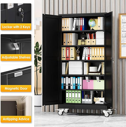 PAOFIN Metal Garage Storage Cabinet with Wheels,Steel Lockable File Cabinets with 2 Doors and 5 Adjustable Shelves,74" H Locking Tool Cabinets for Home Office, Warehouse, Required Assembly,Black